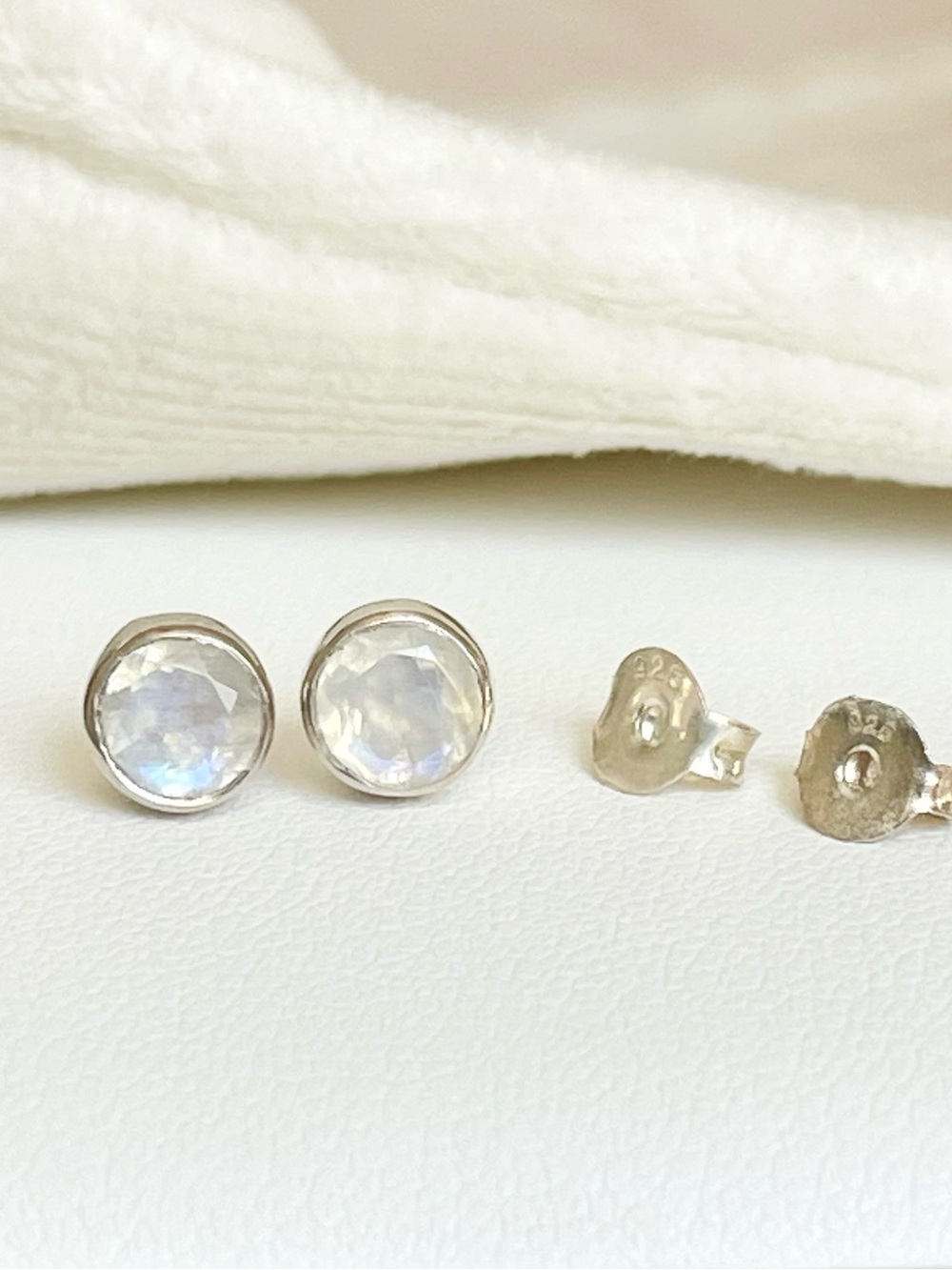 Blue Moonstone Stud Earrings 925 Sterling Silver Dainty Everyday Jewelry